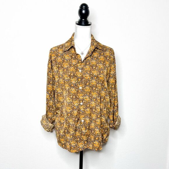 Cider Tops - Cider Women's Button-Up Floral Blouse in Brown & Yellow Retro Daisy Print Size S